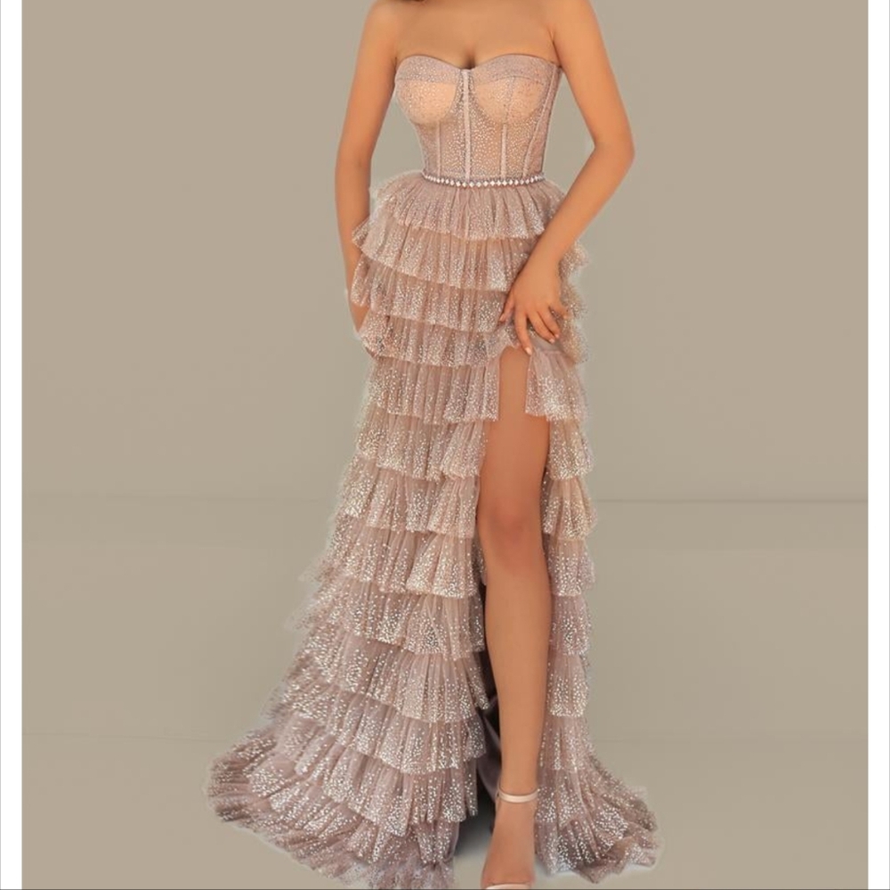 Tarik Ediz Rose Gold Strapless Ruffled High-Slit Gown